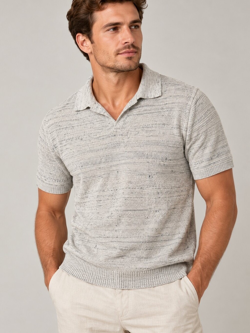 Vineyard Vines Men’s L Linen Cotton Knit Polo Gray Shirt V-Neck Coastal Preppy
